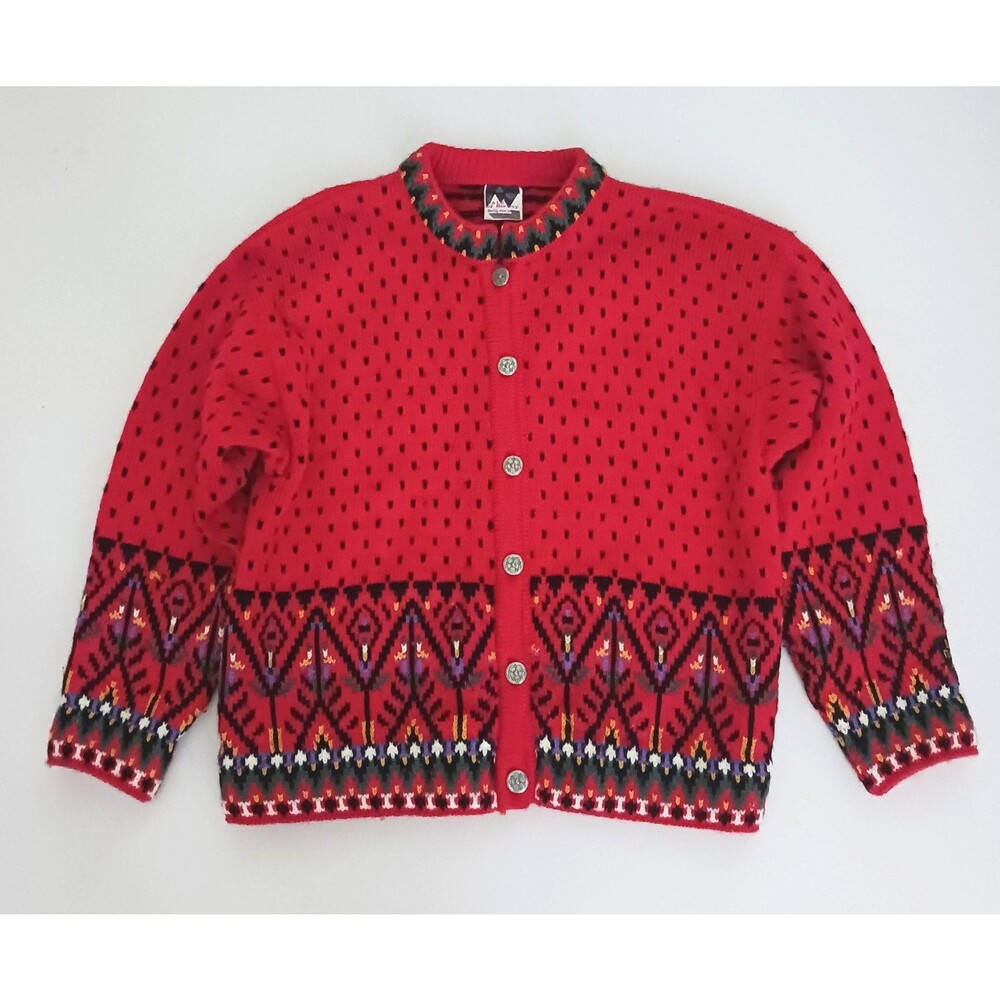 VTG Dale of Norway Fair Isle Cardigan Red/Multi Wool Knit Silver Buttons Sz L